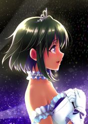 Rule 34 | 1girl, blush, choker, crying, crying with eyes open, dark-skinned female, dark skin, dress, from side, gloves, green hair, hands on own chest, highres, idolmaster, idolmaster cinderella girls, jewelry, light particles, natalia (idolmaster), necklace, pearl necklace, purple eyes, short hair, solo, starry sky bright (idolmaster), strapless, strapless dress, tears, tiara, white dress, white gloves, yuki sizuku