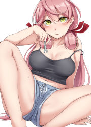 Rule 34 | 1girl, absurdres, akashi (kancolle), barefoot, blue shorts, blush, breasts, camisole, collarbone, feet out of frame, green eyes, hair between eyes, hair ribbon, highres, holding, holding wrench, kantai collection, kiritto, large breasts, long hair, looking at viewer, navel, open mouth, paid reward available, pink hair, red ribbon, ribbon, short shorts, shorts, simple background, solo, strap slip, sweat, tress ribbon, white background, wrench