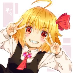 Rule 34 | 1girl, ahoge, arms up, black vest, blonde hair, blush, commentary request, double v, fangs, grin, hair between eyes, hair ribbon, leaning, long sleeves, looking at viewer, red eyes, red neckwear, ribbon, rumia, sakuyabm, shirt, short hair, simple background, smile, solo, star (symbol), teeth, touhou, two-tone background, upper body, v, v over eye, vest, white shirt, wing collar