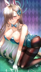 Rule 34 | 1girl, absurdres, animal ears, aqua bow, aqua bowtie, aqua leotard, aqua ribbon, artist name, asuna (blue archive), asuna (bunny) (blue archive), bare shoulders, black pantyhose, blonde hair, blue archive, blush, bow, bowtie, breasts, casino card table, cleavage, collarbone, commentary, dated commentary, detached collar, elbow gloves, fake animal ears, feet out of frame, gloves, grey eyes, hair between eyes, hair over one eye, hair ribbon, hands on floor, highres, kneeling, large breasts, leotard, long hair, looking at viewer, misa pika, mole, mole on breast, mouth hold, official alternate costume, open mouth, pantyhose, playboy bunny, poker table, rabbit ears, ribbon, simple background, smile, solo, table, teeth hold, thighs, traditional bowtie, white gloves