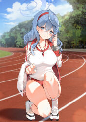 Rule 34 | 1girl, ako (blue archive), blue archive, blue eyes, blue hair, blush, breasts, buruma, closed mouth, collarbone, full body, halo, highres, large breasts, long sleeves, looking at viewer, medium hair, outdoors, red buruma, shirt, shoes, sneakers, solo, thighs, towel, track and field, whistle, whistle around neck, white footwear, white shirt, yukineko1018