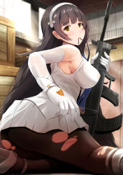 Rule 34 | 1girl, armpits, ass, assault rifle, black hair, black pantyhose, blush, breasts, bullpup, closed mouth, covered erect nipples, elbow gloves, flower, from behind, girls&#039; frontline, gloves, gun, hair flower, hair in own mouth, hair ornament, hairband, high heels, holding, holding weapon, indoors, kanzaki kureha, kneeling, large breasts, light, light particles, long hair, looking at viewer, looking back, pantyhose, pleated skirt, qbz-95, rifle, shirt, sidelocks, skirt, sleeveless, sleeveless shirt, smile, solo, sunlight, thighhighs, torn clothes, torn legwear, type 95 (girls&#039; frontline), very long hair, weapon, white footwear, white gloves, white hairband, white shirt, white skirt, window, yellow eyes
