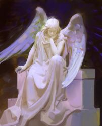 Rule 34 | 1other, androgynous, angel, angel wings, art study, bare arms, chiaroscuro, closed mouth, dark background, expressionless, feathered wings, glowing, head rest, highres, looking down, marble (stone), marble sculpture, medium hair, sitting, toga, wavy hair, wings, yuming li