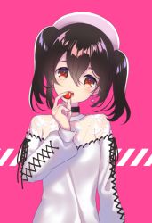 Rule 34 | 10s, 1girl, black hair, black ribbon, earrings, hat, head tilt, heart, heart earrings, holding, jewelry, long hair, long sleeves, looking at viewer, love live!, love live! school idol project, okanoyuno, open mouth, pink background, red eyes, ribbon, see-through, solo, sweater, twintails, upper body, white hat, white sweater, yazawa nico