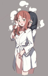 Rule 34 | 10s, 2girls, barbara parker, bathrobe, black hair, breast fondle, breasts, brown hair, clothed sex, cropped, cropped legs, detexted, fingering, fingering from behind, grabbing, grabbing from behind, grey eyes, hair down, hannah england, highres, little witch academia, long hair, multiple girls, open mouth, qiongsheng, small breasts, smile, steam, thighs, third-party edit, wet, wet hair, yuri
