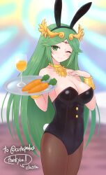 Rule 34 | 1girl, ;), absurdres, animal ears, bare shoulders, black leotard, breasts, carrot, carrot juice, commission, commissioner upload, cowboy shot, gold necklace, green eyes, green hair, halo, highres, holding, holding tray, jewelry, juice, kid icarus, kid icarus uprising, large breasts, leotard, long hair, looking at viewer, necklace, nintendo, one eye closed, palutena, pantyhose, parted bangs, playboy bunny, rabbit ears, rabbit tail, sidelocks, signature, skeb commission, smile, solo, standing, suta (clusta), tail, thank you, tray, very long hair