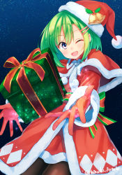 Rule 34 | 1girl, ;d, bell, black pantyhose, blue eyes, blush, box, capelet, christmas, cowboy shot, gift, gift box, gloves, green hair, hair ornament, hairclip, hat, long hair, long sleeves, looking at viewer, night, night sky, one eye closed, open mouth, original, outstretched arms, pantyhose, pom pom (clothes), red gloves, santa costume, santa hat, shirai tanuki, sky, smile, solo, sparkle, takeda emi (shirai tanuki), teeth, twitter username, wink