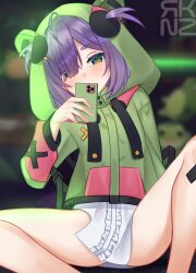 Rule 34 | 1girl, blurry, blurry background, blush, blush stickers, commission, eien project, eyes visible through hair, frog, green eyes, highres, hood, hoodie, knee up, knees up, looking at viewer, purple hair, rikokenz, shirt, short hair, simple background, skirt, thighs, virtual youtuber, watermark, zumi dokumi
