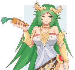 Rule 34 | 1girl, ancient greek clothes, armlet, bare shoulders, breasts, carrot, chiton, cleavage, djames, dress, forehead jewel, gold, green eyes, green hair, hand on own hip, highres, jewelry, kid icarus, kid icarus uprising, laurel crown, long hair, nintendo, one eye closed, palutena, parted bangs, pendant, side slit, solo, strapless, strapless dress, very long hair, white dress