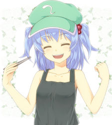 Rule 34 | 1girl, alternate costume, armpits, arms up, black dress, blue hair, blush, chopsticks, dress, closed eyes, female focus, hair bobbles, hair ornament, hat, kawashiro nitori, open mouth, saemon (tonpura), sleeveless, smile, solo, strapless, strapless dress, tank top, touhou, twintails, two side up