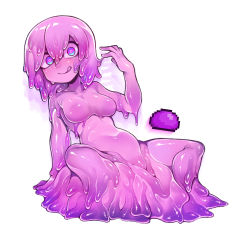 Rule 34 | 1girl, aqua eyes, breasts, closed mouth, collarbone, colored skin, full body, hair between eyes, hand up, illuminant slime (terraria), leaning back, looking at viewer, medium breasts, monster girl, multicolored eyes, navel, no nipples, no pussy, nude, nyong nyong, personification, pink eyes, pink hair, pink pupils, pink skin, purple eyes, reference inset, short hair, simple background, slime (substance), slime girl, smile, solo, spread legs, terraria, tongue, tongue out, white background