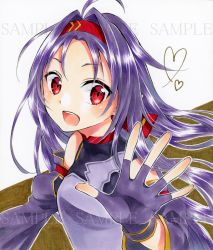 Rule 34 | 1girl, :d, ahoge, alto2019, armor, bad id, bad pixiv id, breastplate, brown background, detached sleeves, fingerless gloves, floating hair, gloves, hair intakes, headband, long hair, long sleeves, looking at viewer, marker (medium), open mouth, outstretched hand, purple gloves, purple hair, purple sleeves, red eyes, red headband, sample watermark, smile, solo, sword art online, traditional media, two-tone background, watermark, white background, yuuki (sao)