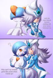 Rule 34 | 2girls, ?, alternate color, blue hair, blush, breast envy, breasts, creatures (company), crossover, female focus, game freak, gardevoir, gen 3 pokemon, grabbing, grabbing another&#039;s breast, gradient background, highres, huge breasts, jcdr, lucy (jcdr), multiple girls, nintendo, orange eyes, pokemon, pokemon (creature), purple eyes, ralts, shiny pokemon, short hair, silent magician, simple background, white hair, yu-gi-oh!, yuri
