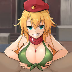 Rule 34 | 1boy, 1girl, ak-47 (girls&#039; frontline), beret, bikini, blonde hair, blue eyes, breasts squeezed together, breasts, censored, cleavage, cum, ejaculation, front-tie bikini top, front-tie top, girls&#039; frontline, green bikini, grin, hat, hetero, highres, large breasts, long hair, looking at viewer, mitsumori (tri forests), mosaic censoring, paizuri, penis, pov, red scarf, scarf, smile, solo focus, spread legs, star (symbol), swimsuit