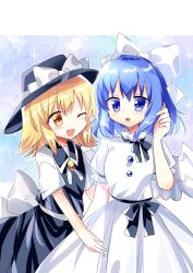 Rule 34 | 2girls, absurdres, angel wings, black headwear, black sash, black skirt, black vest, blonde hair, blue eyes, blue headwear, bow, breasts, buttons, chisen maimai, collared vest, commentary request, dress, feathered wings, fedora, hair bow, hand in own hair, happy, hat, hat bow, highres, mai (touhou), multiple girls, one eye closed, open mouth, sash, short hair, short sleeves, skirt, small breasts, touhou, touhou (pc-98), vest, white bow, white dress, white sash, white wings, wings, yellow eyes, yuki (touhou)