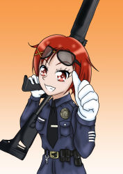 Rule 34 | 10s, 1girl, :d, benelli m4 super 90, buttons, emblem, glasses, gloves, grin, gun, hino akane (smile precure!), holding, holding weapon, long sleeves, looking at viewer, open mouth, orange background, police, police uniform, policewoman, precure, shotgun, simple background, smile, smile precure!, solo, sunglasses, teeth, thumbs up, tkd405, uniform, weapon, white gloves