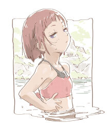 Rule 34 | 1girl, bare arms, bare shoulders, bikini, blunt bangs, border, brown hair, commentary request, flat chest, from side, looking at viewer, matsuo yuusuke, outside border, purple eyes, red bikini, senjuin koharu, short hair, simple background, swimsuit, upper body, wading, wet, white background, white border, yama no susume