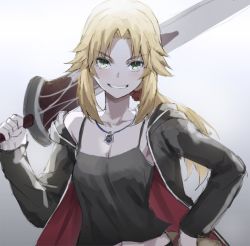 Rule 34 | 1girl, artoria pendragon (all), artoria pendragon (fate), backlighting, black camisole, black jacket, blonde hair, blush, breasts, camisole, clarent (fate), collarbone, cosplay, cross, cross necklace, fate/apocrypha, fate/grand order, fate (series), gradient background, green eyes, grey background, grin, highres, jacket, jewelry, long hair, long sleeves, looking at viewer, low ponytail, mordred (fate), mordred (fate/apocrypha), necklace, official alternate costume, open clothes, open jacket, over shoulder, parted bangs, ponytail, saber alter, saber alter (cosplay), saber alter (ver. shinjuku 1999) (fate), sidelocks, small breasts, smile, sword, tonee, weapon, weapon over shoulder