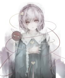 Rule 34 | 1girl, eyeball, gyup91, hairband, hand on own chest, heart, heart-shaped pupils, komeiji satori, light purple hair, long sleeves, looking at viewer, open mouth, red eyes, shirt, short hair, solo, string, symbol-shaped pupils, third eye, touhou, upper body, wide sleeves