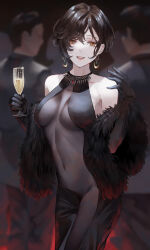 Rule 34 | 1girl, absurdres, black dress, black hair, breasts, breasts apart, champagne flute, covered navel, cup, dress, drinking glass, earrings, elbow gloves, fur shawl, gloves, highres, holding, holding cup, jewelry, kaoming, large breasts, looking at viewer, mole, mole on neck, nijisanji, people, see-through, see-through dress, shawl, shirayuki tomoe, short hair, sleeveless, sleeveless dress, solo focus, underboob, virtual youtuber