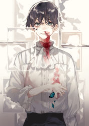 Rule 34 | 1boy, animal, blood, blood on face, blood on clothes, blue butterfly, brown hair, bug, butterfly, death, green eyes, highres, holding, bug, kyouichi, male focus, nosebleed, original, smile, solo