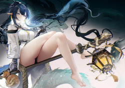 Rule 34 | 1girl, arknights, bare legs, barefoot, black gloves, black panties, blue eyes, blue hair, breasts, closed mouth, coat, crossed legs, cup, dragon, dragon girl, dragon horns, earrings, elbow gloves, full body, gloves, gourd, gradient background, holding, holding cup, horns, jewelry, lantern, large breasts, ling (arknights), long hair, long sleeves, looking at viewer, necktie, omone hokoma agm, open clothes, open coat, panties, pointy ears, shirt, sitting, smile, solo, staff, underbust, underwear, very long hair, white coat, white shirt, yellow necktie