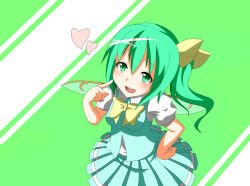 Rule 34 | 1girl, arm up, bow, breasts, daiyousei, dress shirt, fairy wings, female focus, finger to face, from above, green background, green eyes, green hair, hair ribbon, hand on own hip, heart, highres, hip focus, looking at viewer, matching hair/eyes, open mouth, pleated skirt, ribbon, shirt, short sleeves, side ponytail, skirt, smile, solo, standing, striped, striped background, teeth, toho-77, tongue, touhou, vest, wings