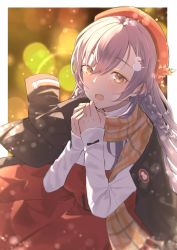 Rule 34 | 1girl, absurdres, blurry, bokeh, braid, cold, commentary request, depth of field, dress, girls&#039; frontline, hair between eyes, hair ornament, hat, highres, jacket, jacket on shoulders, lewis (girls&#039; frontline), lewis (holy night promise) (girls&#039; frontline), long hair, long sleeves, looking at viewer, official alternate costume, open mouth, plaid, plaid scarf, purple hair, red dress, red hat, sakana-ko, scarf, snowman hair ornament, solo, yellow eyes