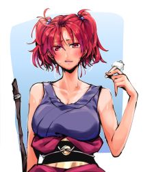 Rule 34 | 1girl, bad id, bad pixiv id, bare arms, bare shoulders, black sash, blue background, blue dress, blush, breasts, cleavage, collarbone, commentary request, dress, food, hair between eyes, hair bobbles, hair ornament, hand up, highres, holding, holding food, large breasts, looking at viewer, mappe (778exceed), obi, onozuka komachi, open mouth, pink lips, popsicle, red eyes, red hair, sash, short hair, sleeveless, sleeveless dress, solo, stick, sweat, tan, tanline, touhou, two-tone background, two side up, upper body, white background