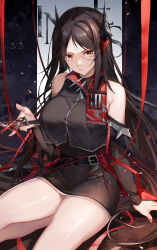Rule 34 | 1girl, absurdres, arknights, arm support, armpits, bare legs, black dress, black hair, border, breasts, character name, commentary, demon girl, demon horns, dress, highres, holding, holding knife, hongbaise raw, horns, ines (arknights), kneeling, knife, large breasts, long hair, looking at viewer, mixed-language commentary, off-shoulder dress, off shoulder, red ribbon, ribbon, simple background, solo, thighs, very long hair, white background, yellow eyes