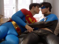 Rule 34 | 2boys, appas, artist name, bara, batman (series), black bodysuit, black hair, blue bodysuit, bodysuit, bulge, cape, closed mouth, dc comics, dick grayson, domino mask, erection, erection under clothes, gumroad username, instagram username, jonathan kent, large pectorals, looking at another, male focus, mask, multiple boys, muscular, muscular male, nightwing, patreon username, pectorals, red cape, short hair, superboy, superman (series), thick thighs, thighs, twitter username, two-tone bodysuit, yaoi
