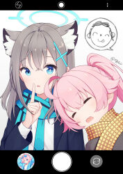 Rule 34 | 1boy, 2girls, ahoge, animal ear fluff, animal ears, black jacket, blazer, blue archive, blue eyes, blue halo, blue necktie, blue scarf, blush, closed eyes, cross hair ornament, doodle sensei (blue archive), extra ears, fake phone screenshot, fake screenshot, grey hair, hair between eyes, hair ornament, halo, highres, hoshino (blue archive), hoshino (swimsuit) (blue archive), jacket, long hair, looking at viewer, medium hair, mismatched pupils, multiple girls, necktie, open clothes, open jacket, open mouth, pink hair, scarf, sensei (blue archive), shiroko (blue archive), shirt, twitter username, white shirt, wolf ears, xgao, yellow scarf