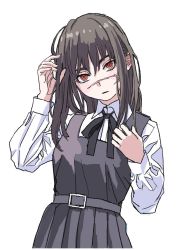 Rule 34 | 1girl, black hair, black ribbon, blush, chainsaw man, facial scar, hair between eyes, highres, long hair, looking at viewer, parted lips, red eyes, ribbon, scar, scar on cheek, scar on face, scar on nose, shiren (ourboy83), simple background, solo, white background, yoru (chainsaw man)