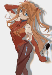 Rule 34 | 1girl, artist request, ass, blue eyes, bodysuit, breasts, brown hair, curvy, evangelion: 3.0 you can (not) redo, expressionless, feet out of frame, highres, interface headset, long hair, medium breasts, neon genesis evangelion, pilot suit, plugsuit, rebuild of evangelion, red bodysuit, shiny clothes, simple background, smile, solo, souryuu asuka langley, standing, twintails, two side up, white background, wide hips
