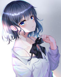Rule 34 | 1girl, bare shoulders, black hair, blue eyes, bow, bowtie, buttons, camisole, collarbone, commentary request, dress shirt, hand up, highres, long sleeves, looking at viewer, off shoulder, original, parted lips, school uniform, shirt, short hair, sidelocks, solo, spaghetti strap, sunhyun, undershirt, upper body, white shirt