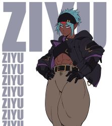 Rule 34 | 1girl, absurdres, bandana, belt, black bandana, blue hair, buckle, crop top, dragon girl, facial mark, gloves, highres, jacket, looking at viewer, muscular, muscular female, open clothes, open jacket, original, pointy ears, purple eyes, scowl, slit pupils, sotcho, thick eyebrows, vambraces, ziyu (sotcho)