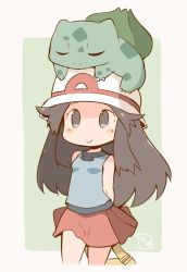 Rule 34 | 1girl, :&gt;, arms behind back, bag, bare shoulders, blue shirt, blush stickers, brown eyes, brown hair, bulbasaur, claws, closed eyes, closed mouth, creatures (company), game freak, gen 1 pokemon, green background, hanomido, hat, holding, holding bag, leaf (pokemon), long hair, nintendo, no pupils, on head, pokemon, pokemon (creature), pokemon frlg, pokemon on head, red skirt, shirt, skirt, sleeping, sleeveless, sleeveless shirt, smile, standing, tareme, two-tone background, white hat