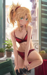 Rule 34 | 1girl, backlighting, blonde hair, blurry, blurry background, boots, bra, breasts, building, choker, commentary request, fate/grand order, fate (series), green eyes, highres, looking at viewer, medium breasts, medium hair, mordred (fate), navel, panties, plant, ponytail, red bra, red panties, sidelocks, sitting, solo, tonee, underwear, underwear only, window