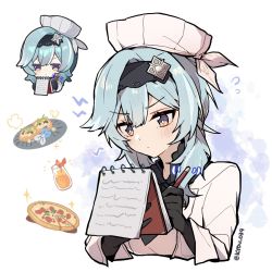 Rule 34 | 1girl, :/, black gloves, black hairband, blue hair, blush, bright pupils, chef, chef hat, closed eyes, commentary request, eula (genshin impact), eula (pizza hut) (genshin impact), food, genshin impact, genshin impact sticker redraw (meme), gloves, hair over shoulder, hairband, hat, highres, holding, holding notepad, kyou 039, long sleeves, meme, notepad, pen, pizza, reference inset, sidelocks, simple background, solo, twitter username, v-shaped eyebrows, white background, white pupils, writing