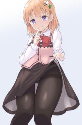 Rule 34 | 1girl, :q, absurdres, black pantyhose, black skirt, blouse, blush, bow, bowtie, cameltoe, closed mouth, clothes lift, collared shirt, finger to mouth, gochuumon wa usagi desu ka?, hair ornament, hairclip, highres, hoto cocoa, lifted by self, long sleeves, looking at viewer, orange hair, panties, panties under pantyhose, pantyhose, pink vest, purple eyes, rabbit house uniform, shirt, simple background, skirt, skirt lift, smile, solo, standing, thighband pantyhose, tongue, tongue out, underwear, vest, white shirt, wide hips, yaplus