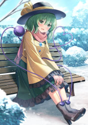 Rule 34 | 1girl, :d, banned artist, bench, black hat, blouse, blush, boots, bush, buttons, commentary, day, diamond button, fence, frilled shirt collar, frilled skirt, frilled sleeves, frills, full body, green eyes, green hair, green skirt, hair between eyes, hat, hat ribbon, heart, heart of string, high heel boots, high heels, highres, komeiji koishi, long sleeves, looking at viewer, medium hair, on bench, open mouth, red scarf, ribbon, scarf, shirt, sitting, skirt, sky, smile, snow, snowing, solo, third eye, touhou, tree, v arms, wide sleeves, winter, yellow ribbon, yellow shirt, yuuka nonoko
