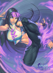 Rule 34 | 1girl, alternate costume, alternate hairstyle, aura, barefoot, black hair, breasts, chuck pires, fighting stance, han juri, large breasts, leg lift, long hair, midriff, multicolored hair, nail polish, navel, purple eyes, purple hair, smile, solo, stomach, street fighter, street fighter v, toenail polish, toenails, toes, toned, two-tone hair