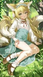 Rule 34 | 1girl, animal ears, arknights, blonde hair, blood, blood on leg, blurry, bow, bowtie, bruise, chain, clothes lift, commentary request, depth of field, devil heavens, feet, forest, fox ears, fox girl, fox tail, grass, green eyes, hair between eyes, hairband, highres, injury, kitsune, kyuubi, legs, lifting own clothes, lolita hairband, long hair, long sleeves, looking at viewer, mary janes, multicolored hair, multiple tails, nature, no shoes, official alternate costume, outdoors, parted lips, red bow, red bowtie, shirt, shoes, sidelocks, sitting, skirt, skirt lift, socks, soles, solo, suzuran (arknights), suzuran (spring praise) (arknights), tail, toes, torn clothes, tree, two-tone hair, white shirt, white socks
