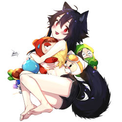 Rule 34 | 1girl, animal ears, ass, bare arms, barefoot, black hair, black shorts, blush, character request, commentary request, dated, ejami, ekko (ejami), fox ears, fox girl, fox tail, full body, long hair, looking at viewer, original, red eyes, shirt, short shorts, shorts, signature, simple background, sleeveless, smile, tail, white background, yellow shirt