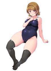Rule 34 | 1girl, absurdres, alternate costume, black thighhighs, breasts, brown hair, cameltoe, collarbone, competition swimsuit, covered navel, highres, koizumi hanayo, love live!, love live! school idol project, medium breasts, one-piece swimsuit, purple eyes, shinonon (iso shino), short hair, simple background, solo, swimsuit, thighhighs, white background
