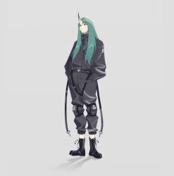 Rule 34 | 1girl, ankle boots, arknights, black footwear, black jacket, black pants, boots, cattie art, commentary, eyeshadow, frown, full body, green hair, grey background, hands in pockets, high collar, highres, horns, hoshiguma (arknights), jacket, knee pads, long hair, looking up, makeup, pants, red eyeshadow, shadow, simple background, single horn, solo, tapping foot, yellow eyes