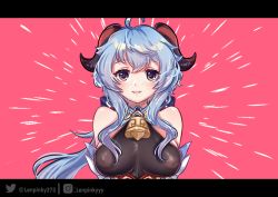 Rule 34 | 1girl, ahoge, bell, black bodysuit, black border, blue hair, bodysuit, border, breasts, brown eyes, close-up, commentary request, covered erect nipples, detached sleeves, ganyu (genshin impact), genshin impact, horns, large breasts, lenpinky, long hair, looking at viewer, neck bell, parted lips, red background, sidelocks, simple background, smile, solo, v arms