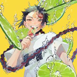 Rule 34 | 1boy, air bubble, birthmark, biting, black hair, blonde hair, braid, braided ponytail, bubble, colored tips, earrings, eating, facial mark, floating hair, food, food in mouth, fruit, glint, grapefruit, grapefruit slice, green eyes, green hair, hand up, highres, holding, holding food, jewelry, kiwi (fruit), kiwi slice, lime (fruit), lime slice, long hair, male focus, mamemg, multicolored hair, original, oversized food, oversized object, popsicle, popsicle in mouth, print shirt, scales, shirt, short sleeves, single braid, solo, streaked hair, stud earrings, submerged, t-shirt, uneven eyes, upper body, very long hair, white shirt, yellow background