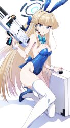 Rule 34 | 1girl, animal ears, assault rifle, bare shoulders, blonde hair, blue archive, blue eyes, blue leotard, blue ribbon, bow, bowtie, breasts, caseless firearm, cleavage, detached collar, fake animal ears, gun, h&amp;k g11, halo, high-capacity magazine, high heels, highleg, highleg leotard, highres, holding, holding gun, holding weapon, horizontal magazine, leotard, long hair, looking at viewer, medium breasts, open mouth, playboy bunny, rabbit ears, rabbit tail, ribbon, rifle, run p (aveton), shoes, simple background, solo, strapless, strapless leotard, tail, thighhighs, thighs, toki (blue archive), toki (bunny) (blue archive), very long hair, weapon, white background, white thighhighs, wrist cuffs