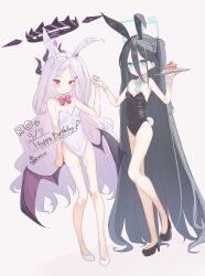 Rule 34 | 2girls, absurdly long hair, absurdres, ahoge, animal ears, aqua eyes, aris (blue archive), black footwear, black hair, black horns, black leotard, blue archive, blue halo, blush, breasts, cake, cake slice, closed mouth, commentary request, commission, dated, demon horns, demon wings, fake animal ears, food, halo, high heels, highres, hina (blue archive), holding, holding tray, horns, leotard, long hair, multiple girls, one side up, partial commentary, pixiv commission, purple eyes, purple wings, rabbit ears, signature, simple background, small breasts, smile, strapless, strapless leotard, tachibana shiori (suica 112), tray, very long hair, white background, white footwear, white hair, white leotard, wings, wrist cuffs